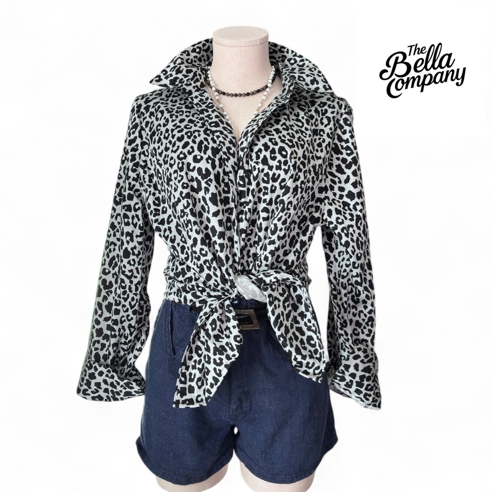 Leopard Print Button Down‎ Blouse L Black White Indie Sleaze Mob Wife Aesthetic